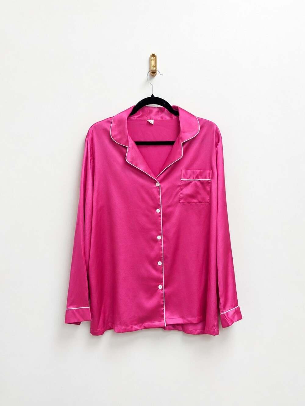 Hot Pink Button-Up Long Sleeve Shirt & Loose-Leg Pants Satin Pajama Set
